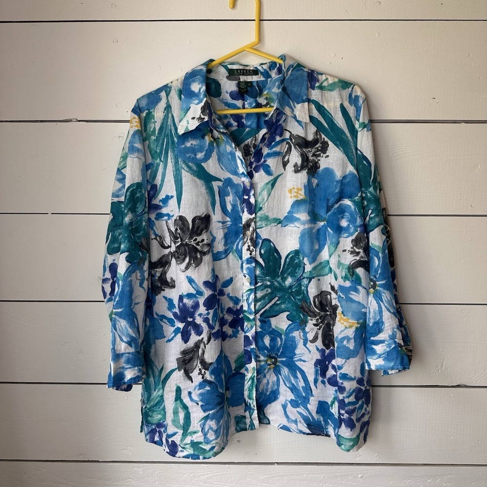 Lauren Ralph Lauren Blue Linen Floral Button Up Shirt 1x Resortwear Preppy